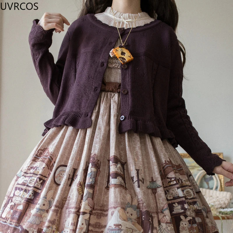 UZSCCN Lolita Cardigan O-Ausschnitt Rüschen - Größe Regular, Strickgewicht Mittel, Regular Fit