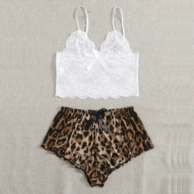 Pyjama-Set 2025: 2025 Women's New Pajamas 2pcs Sexy Lace Hollowed Out Camisole - Undershirt Leopard Print Shorts Fashion Home Cute Casual Sets Collection