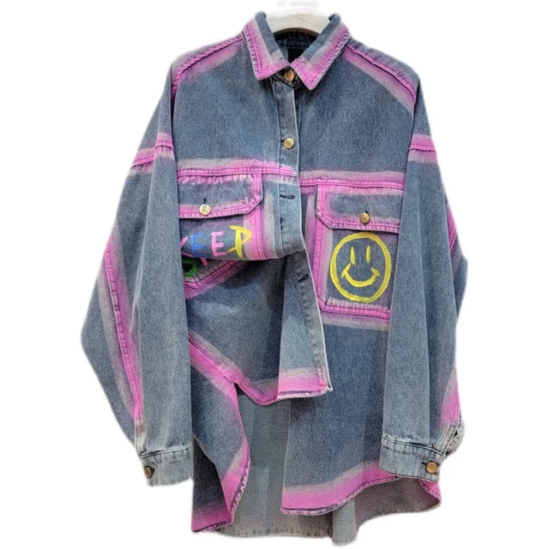 Blue Print Denim Shirt Jacket Women Loose Casual Fashion Tops European Station 2024 Autumn New Streetwear All-Matching Blouse
