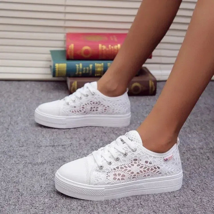 Women Shoes 2025 Fashion Summer Casual White Shoes Cutouts Lace Canvas Hollow Breathable Platform Flat Shoes Woman Sneakers - Golden Bridge Store