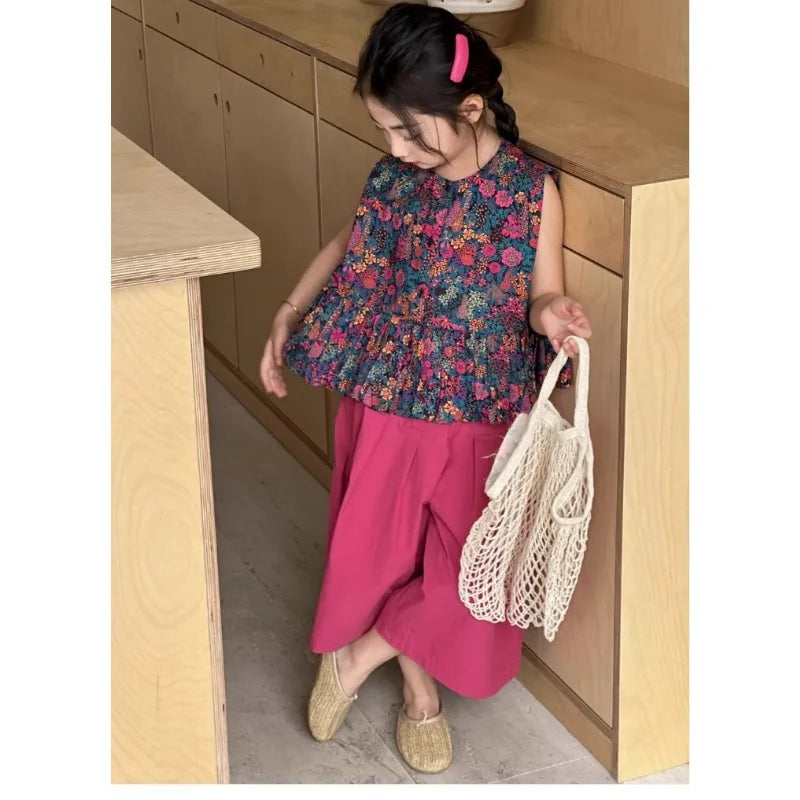 New Summer Infant Baby Girl 2PCS Clothes Set Cotton Floral Print Sleevelss T-shirt Suit Solid Soft Wide Leg Pant Kid Girl Outfit