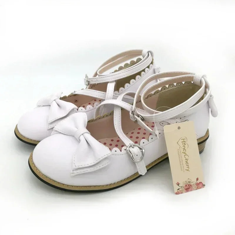 Lolita Schuhe Damen 2025 - Flats Low Round Cross Straps Schleife - Süße Mädchen Prinzessin Tea Party Schuhe Studenten 34-41