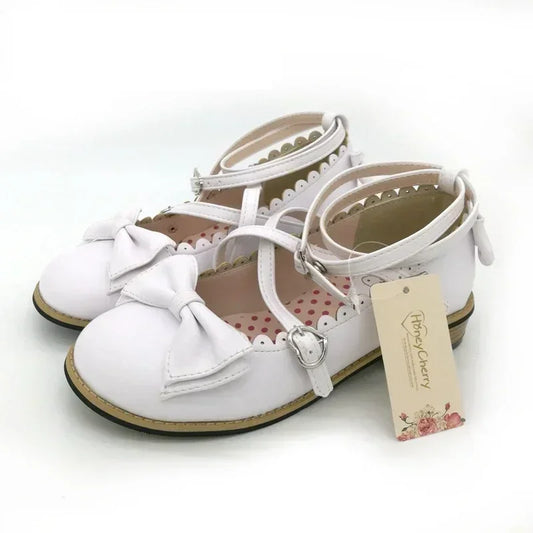 Lolita Schuhe Damen 2025 - Flats Low Round Cross Straps Schleife - Süße Mädchen Prinzessin Tea Party Schuhe Studenten 34-41