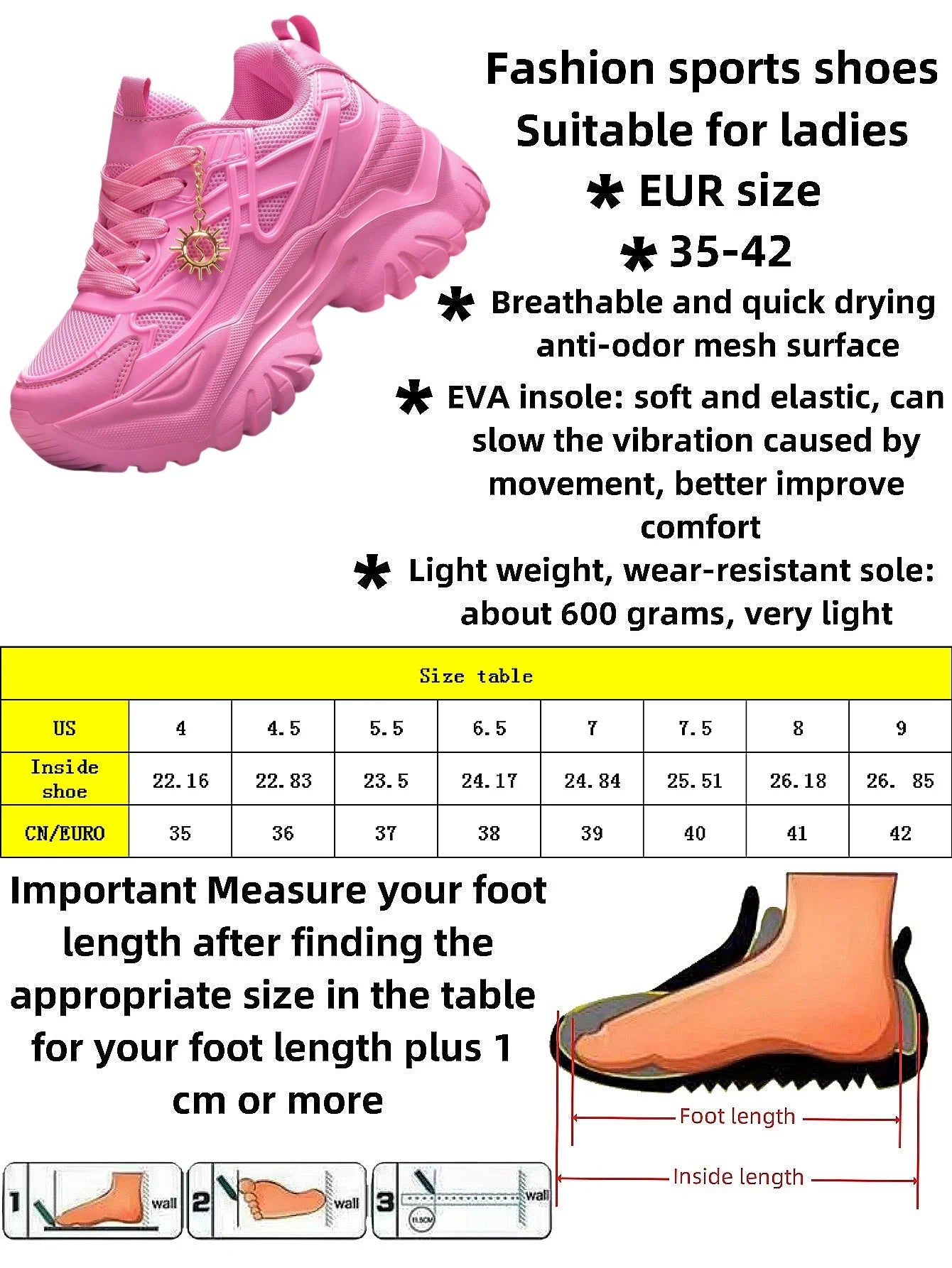 Women's fashion casual shoes Lightweight wear resistant non-slip platform sneakers high water platform pink heels for women