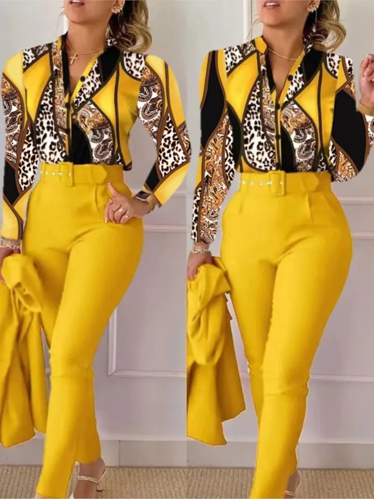 Femei elegante cămașă două piese set costume toamna nouă modă imprimare mânecă lungă top pantaloni negri set cu curea bluze îmbrăcăminte feminină