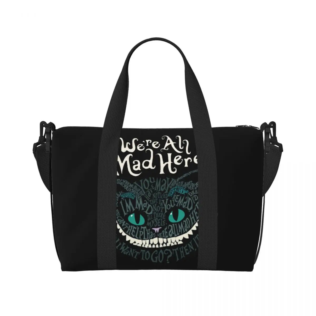 Custom Cheshire Cat Beach Tote Bag for Women We're All Mad Here Cat Big Compartment Gym Beach Travel Bags