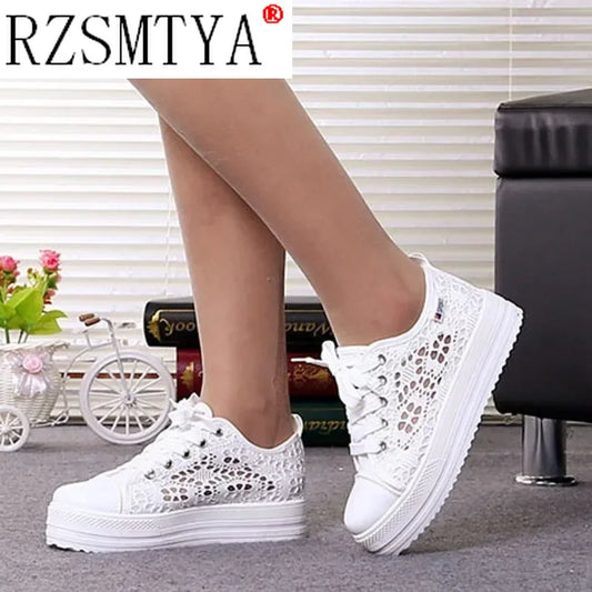 Women Shoes Fashion Summer Casual Shoes White Sneakers Cutouts Lace Canvas Hollow Breathable Platform Sneakers Tenis Feminino