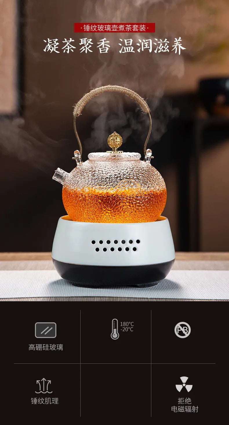Japanese-style Hammer Pattern High Temperature Resistant Glass Tin Flower Copper Handle Beam Pot Teapot Glass Tea Set