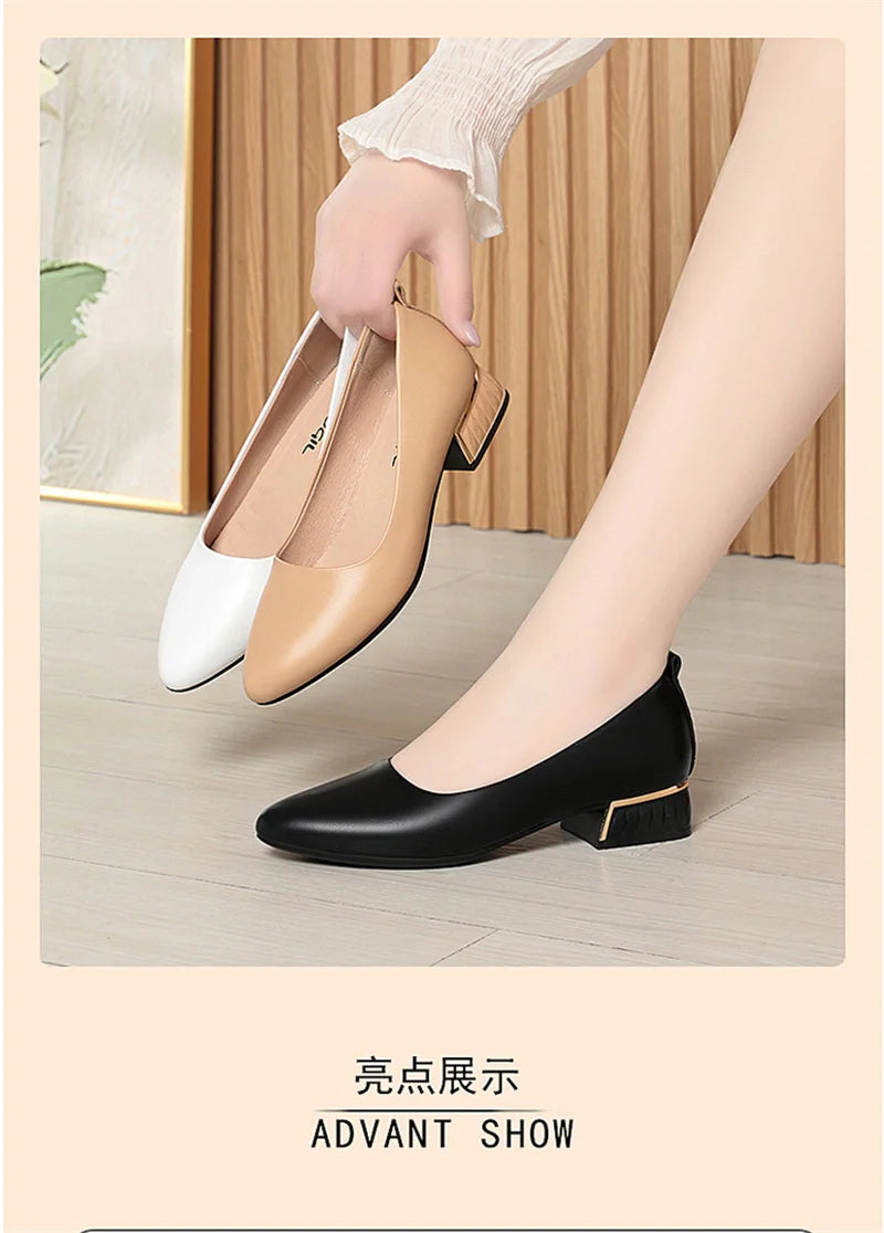 Simple Soft Leather Thick Heel Single Shoes For Women In Summer New Pointed Toe Low Heel White Work Shoes Elegant Comfortable