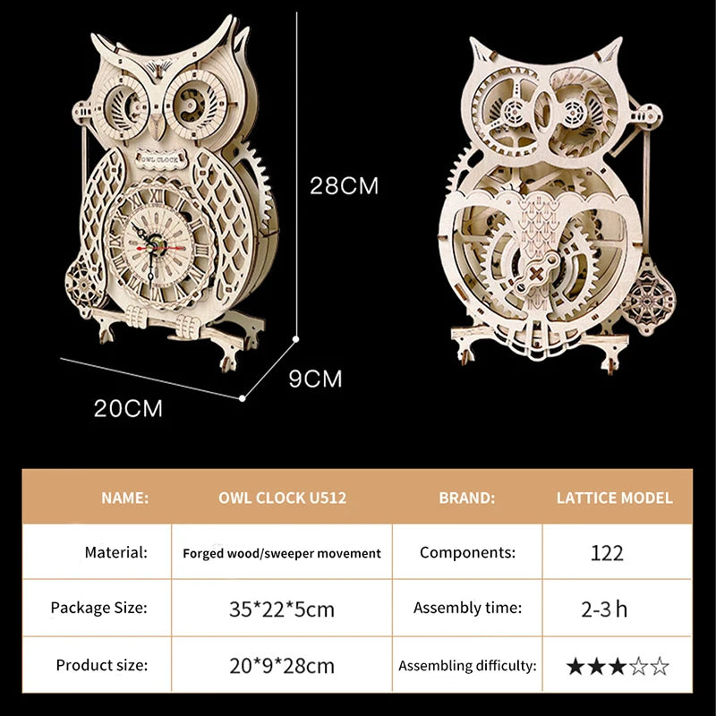 Holz-Puzzle 2025: Wooden 3D Owl Clock Model - Creative DIY Wall Clock Mechanical Retro Pendulum Collection