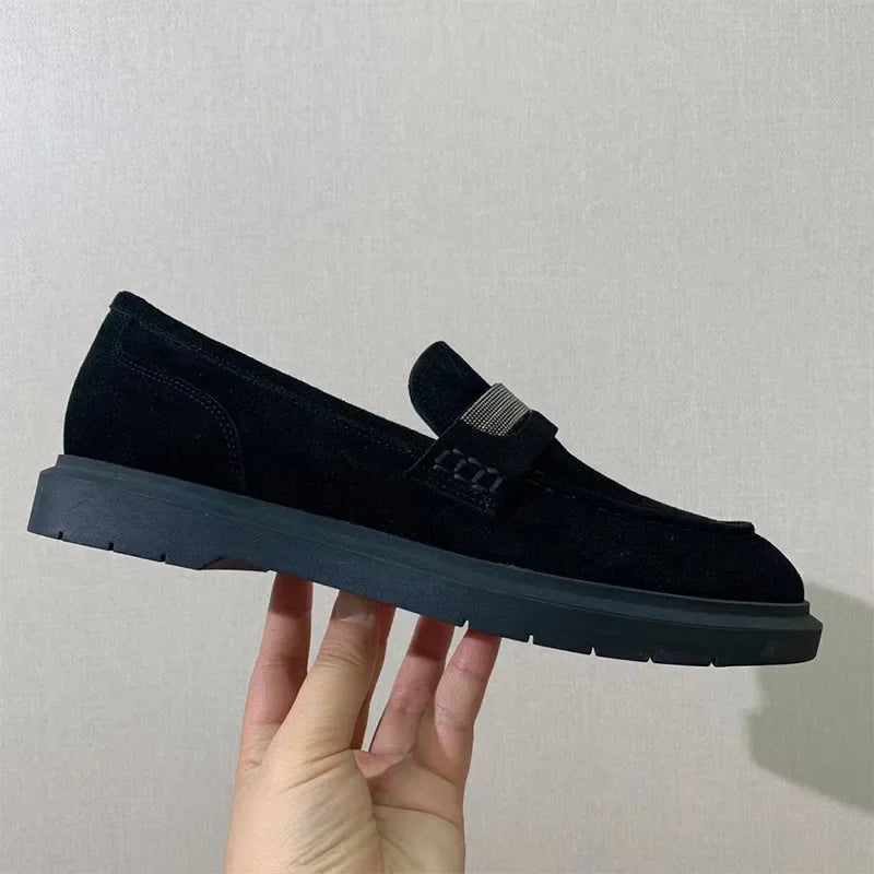 Luxus Damen Flache Schuhe 2025 - Wildleder Kette Perlen Runde Zehen - Slip-On Loafer Komfort Walking Schuhe