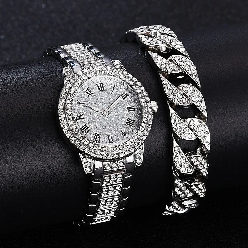 Mode Luxus Vollkristall 5-teiliges Set - Uhr Halskette Ohrringe Ring Set für Damen - Strass Armbanduhr Damen Armband Set Geschenk