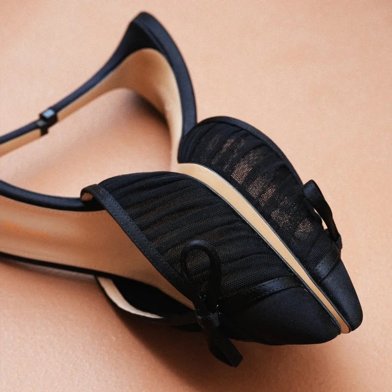 Weiße Schleife Sandalen 2025 - Elegante Pantoletten Stilettos - Slip-On Dünne Hohe Schuhe Damen Offene Zehen Hochzeit