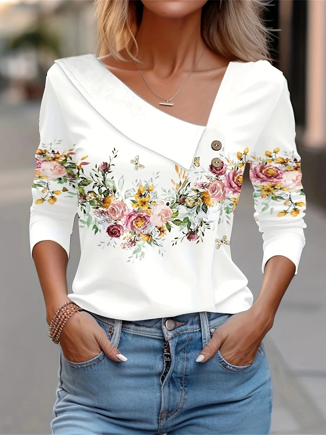 T Shirt For Women Fashion Long Sleeve Top White Floral Print Shirts And Blouses 3D Print Clothes For Women 2025 y2k