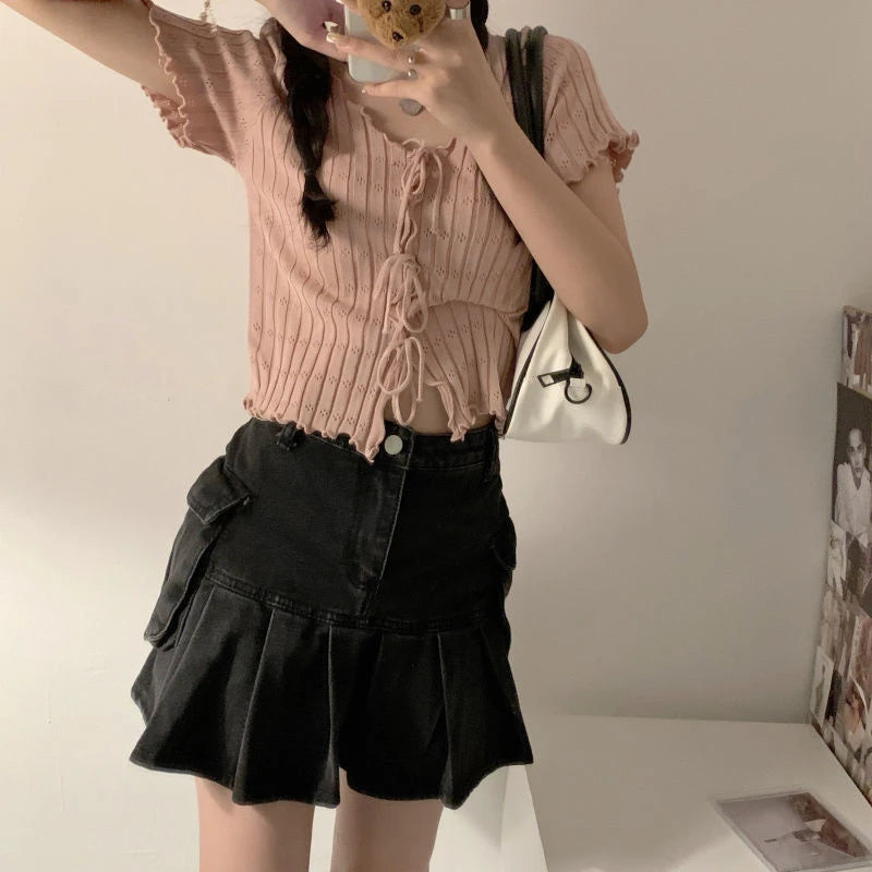 Knitted TShirt For Women V-neck Summer Simple Versatile Casual Crop Tops Bandage Ribbed Short Sleeve Women's Top T-Shirt Girl