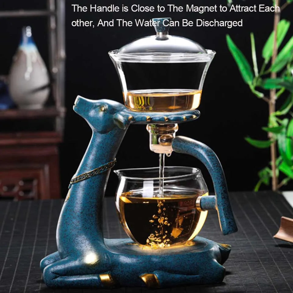 BOZZH-Kungfu Glass Tea Set, Creative Deer Teapot, Magnetic Water Diversion, Tea Infuser, Turkish Drip Pot with Base