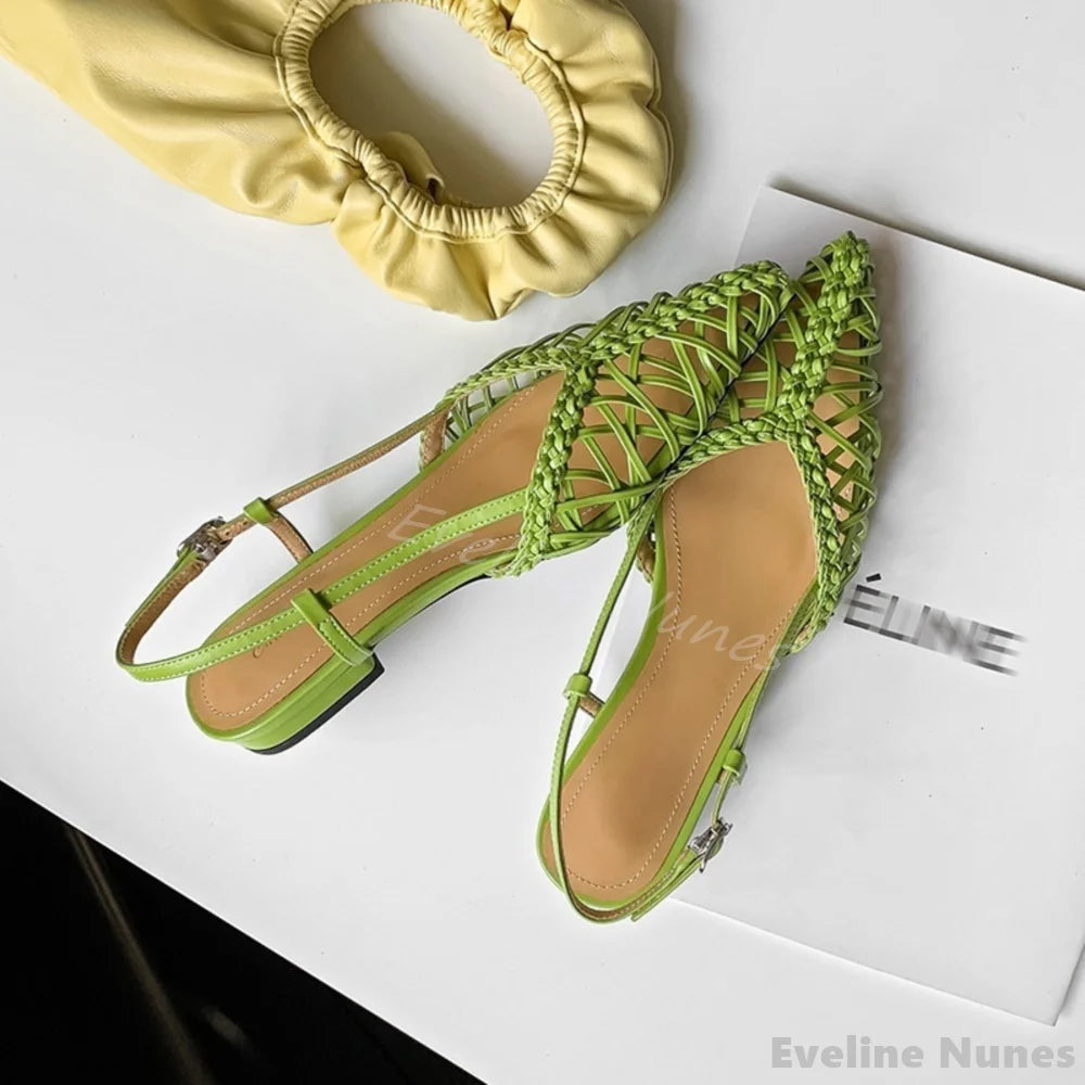 Artistic Hand-woven Thin Belt Sandals Women Summer Pointed Toe Flat Back Strap Hollow Sandals 2025 New Fashion Simple Sandals