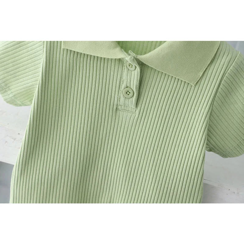 Girls Fashion Set Baby Lapel Pit Stripes Short Sleeve Pants Suit Summer 2024 New Children's Casual Comfortable Sports 2 Pcs 2-8Y