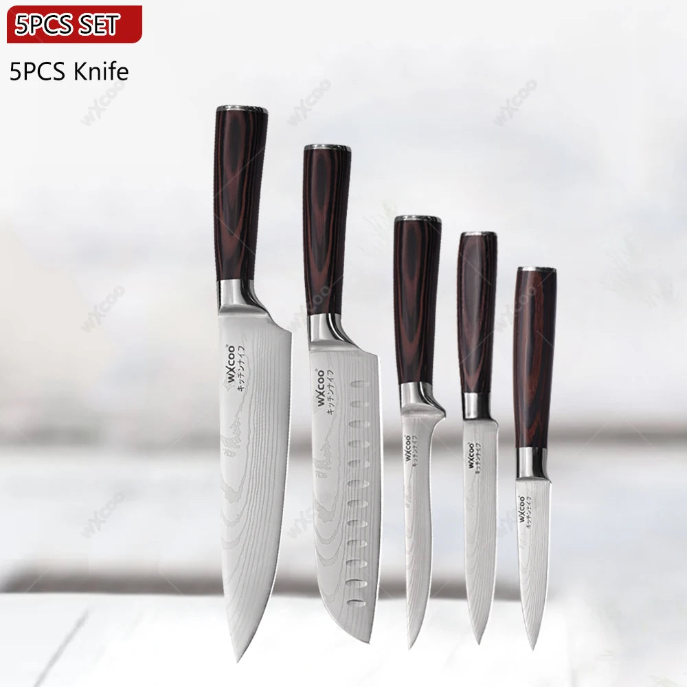 WXCOO Professional Kitchen Chef Knife Damascus Steel Laser Pattern Santoku Knife Double Side Magnetic Kitchen Knife Block