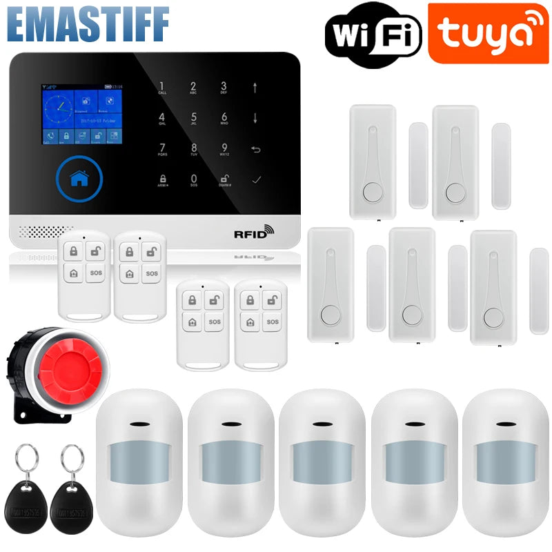 Alarmanlage 2025: Wireless Tuya APP SIM GSM Home RFID Burglar Security - LCD Touch Keyboard WIFI GSM Alarm System Sensor Kit Russian Spanish Voice Collection