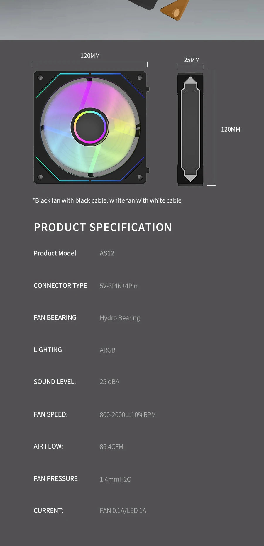 Aigo AS12 ARGB Lüfter - 120mm 800-2000RPM 4.2W PC Kühlung