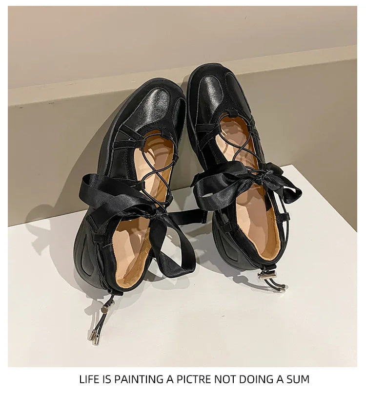 Ballet Flat Sneakers Women's Thick Bottom Bowknot Hollow Out Shoes Fashion Designer Mary Jane Ballet Comfort Shoes Female