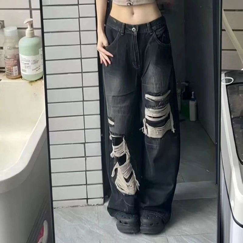 Jeans Women Hot Girls High Waist Chic Straight Trousers Simple Ripped American Street Loose Fall Fashion Leisure Newly All-match