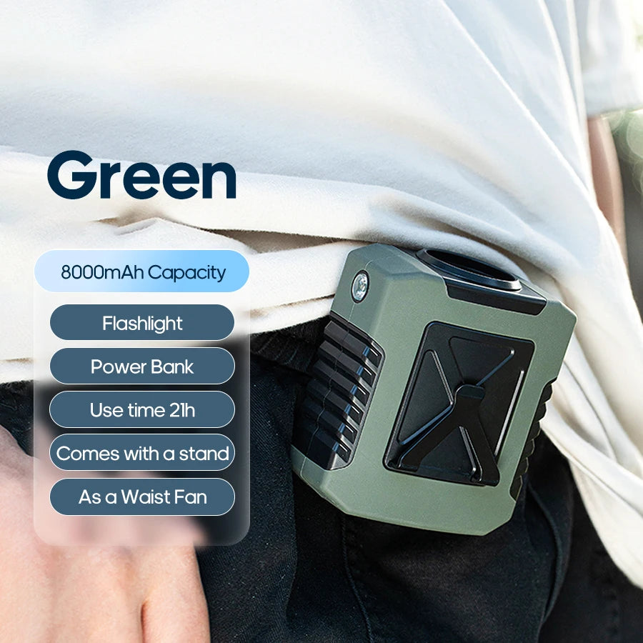 KINSCOTER Ventilator portabil pentru talie în aer liber - Ventilator multifuncțional pentru gât cu iluminare LED de 8000 mAh, baterie externă
