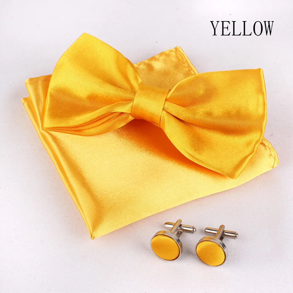 Solid Colors Polyester Adjustable Men's Accessory Set Elegant Pre-Tied Bow Tie Matching Pocket Square & Cufflinks for Wedding
