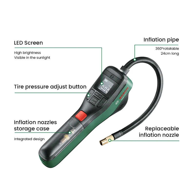 Bosch Electric Air Pump Portable Mini Tire Air Compressor with Led Display for Car Motorcycles Bicycle Swimring Tire Inflator