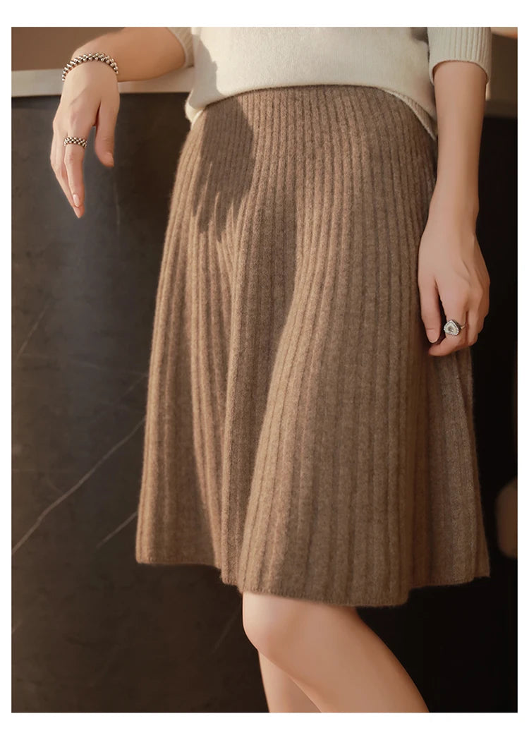 Fustă elegantă pentru femei, 100% lână, tricotată, modă coreeană, solidă, casual, linie A, plisată, scurtă, primăvară șic, talie înaltă, fustă