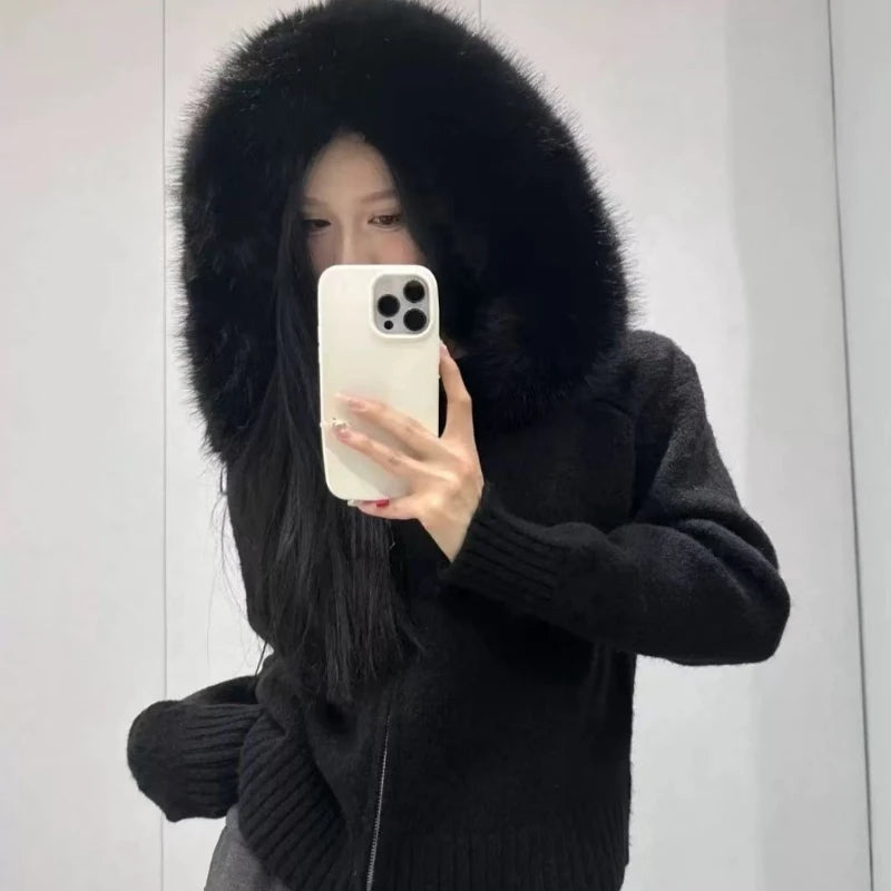 Sellysea Kapuzen Strickjacke Fellkragen - Größe M, Langarm, Stoffgewicht Über 320 g Pro Quadratmeter