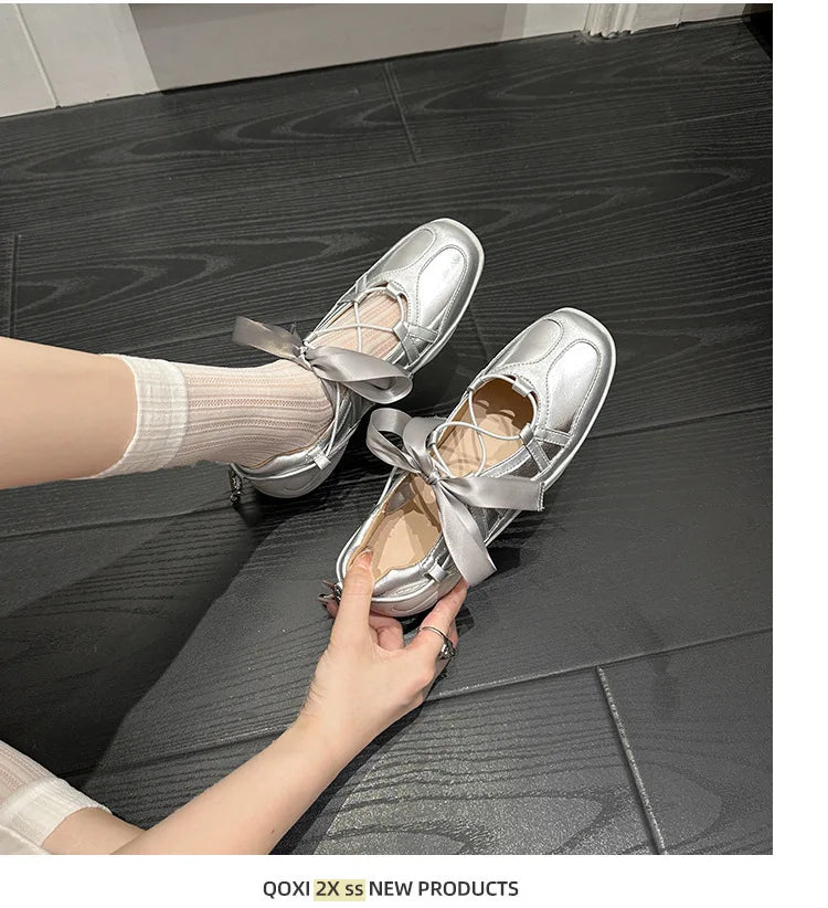 Ballet Flat Sneakers Women's Thick Bottom Bowknot Hollow Out Shoes Fashion Designer Mary Jane Ballet Comfort Shoes Female