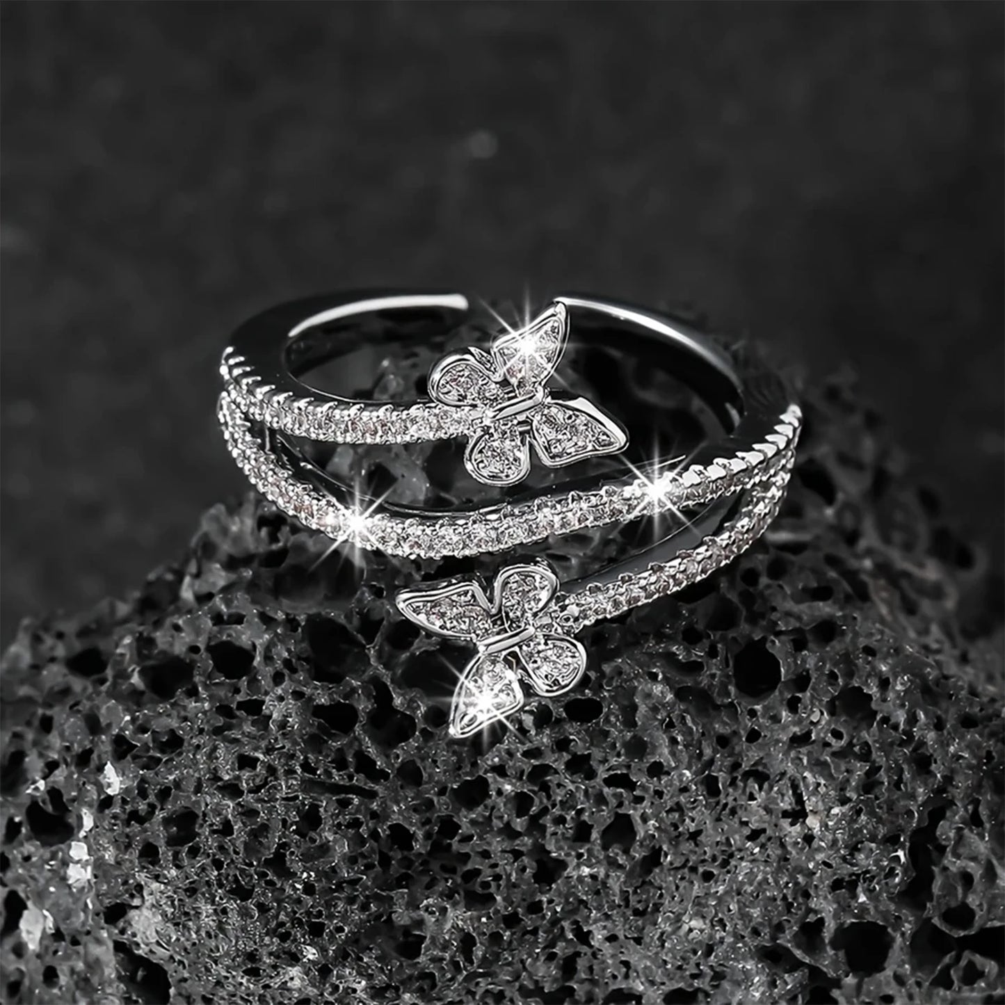 Inel elegant și reglabil cu fluture dublu, inel cu trei straturi, inel personalizat pentru degetul arătător, potrivit pentru purtare zilnică și cadou