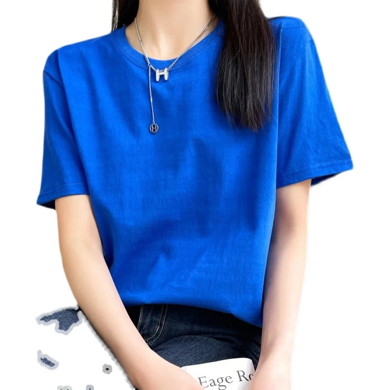 Women T-shirts 2025 Tops Solid Short Sleeve Loose O-neck Cotton Casual Ladies Shirts Harajuku Korean Summer Woman Tshirts