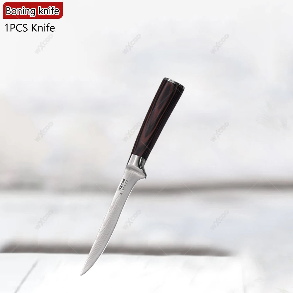 WXCOO Professional Kitchen Chef Knife Damascus Steel Laser Pattern Santoku Knife Double Side Magnetic Kitchen Knife Block