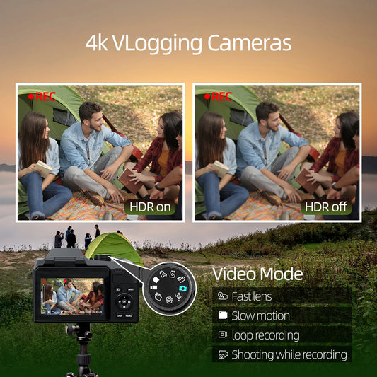 Cameră digitală NBD 64MP pentru fotografie, cameră 4K pentru vlogging cu ecran rabatabil de 3'', zoom digital 16X, 2 baterii, card TF de 32GB