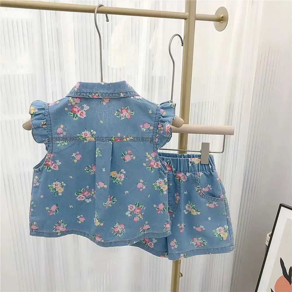 Children's Clothing Sets Floral Print Lace Sleeveless Top + Shorts 2pcs Sets Baby Girl Outfit Set Kids Clothes for Girls