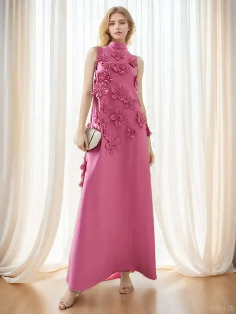 EWQ Elegant Female Evening Dress 3D Floral Design Stand Collar Sleeveless Temperament Women Slim Dresses 2025 Spring Red Robe