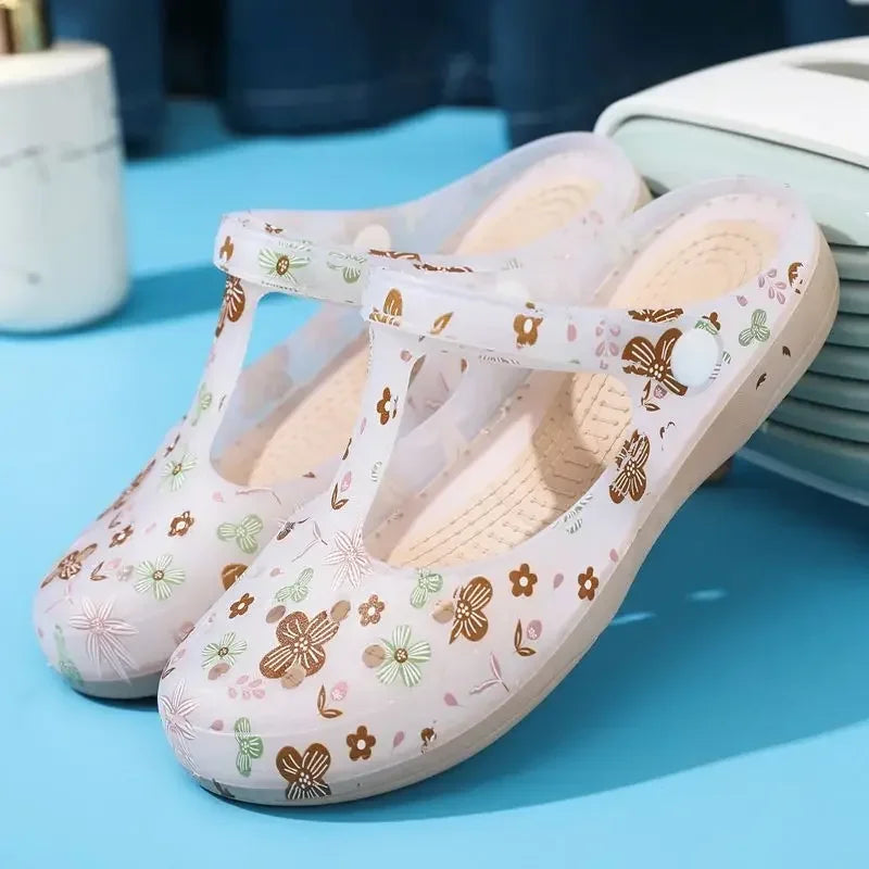 Women's Pink Floral & Butterfly Print Transparent T - Strap Jelly Sandals - Comfortable & Stylish Summer Printed Hole Shoes