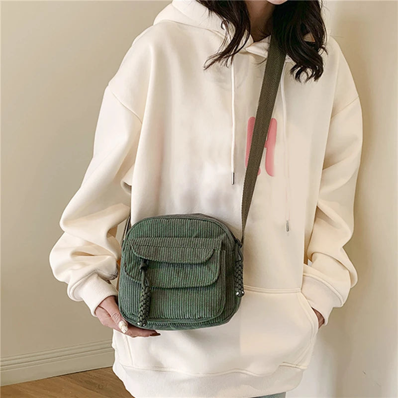 Simple Versatile Crossbody Bag Fashionable Casual Small Square Bag Personalized Commuting Shoulder Bag Corduroy Unisex Trend
