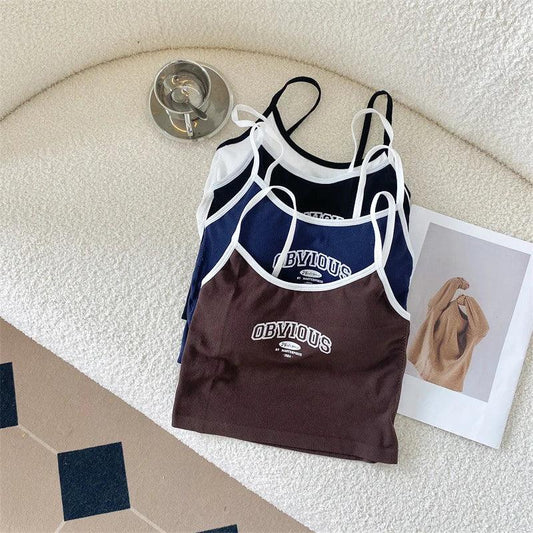 Women Tops Tank Padded Bra Crop Tops O-neck Solid Color Crop Tops Summer Letter Printing Spaghetti Camisole Top Edgy Clothes Y2k - Golden Bridge Store