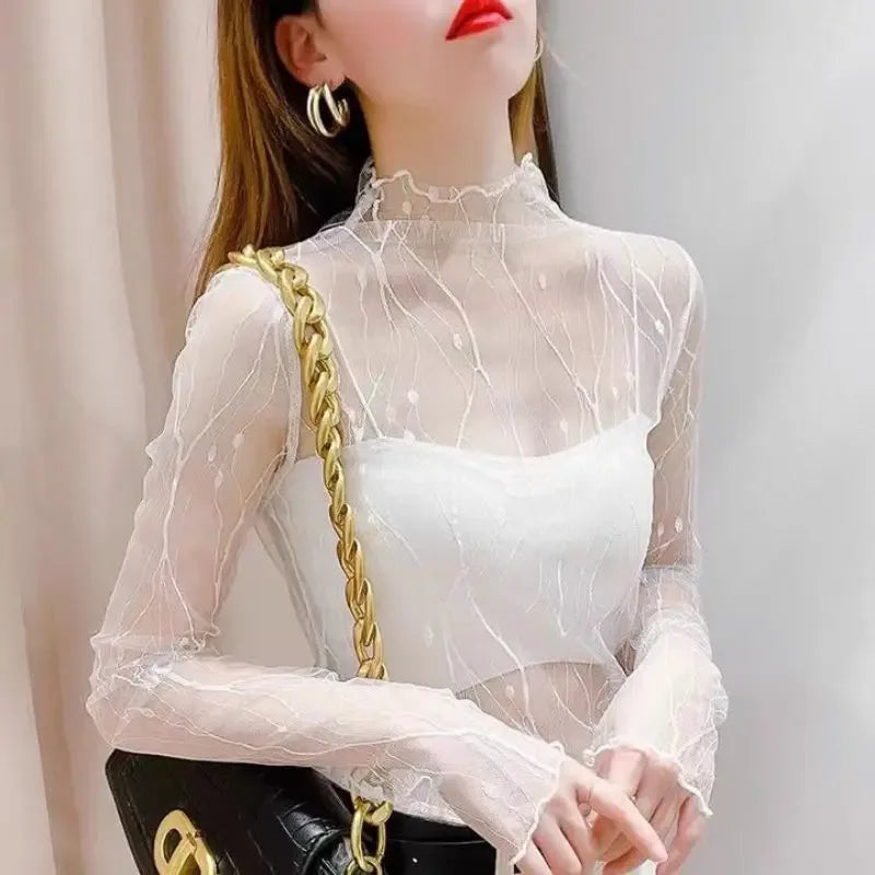 Women's T-shirt Summer Outfits Long Sleeve Pullover See Through Tops Fashion Lady elegant Tops Mesh Slim Chiffon Tees New Black Top - Golden Bridge Store