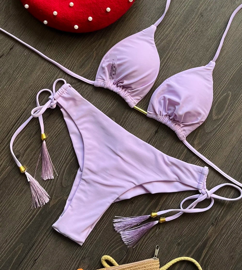 Damen Bikini Set 2025 - Dreieck Badeanzug Brasilianisch Halter Push-Up Metallkette
