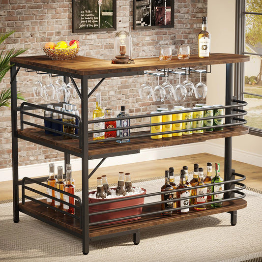 Hausbar 2025: Tribesigns L-Shaped Home Bar Unit - 3 Tier Liquor Bar Table Storage Shelves Wine Glasses Holder Collection