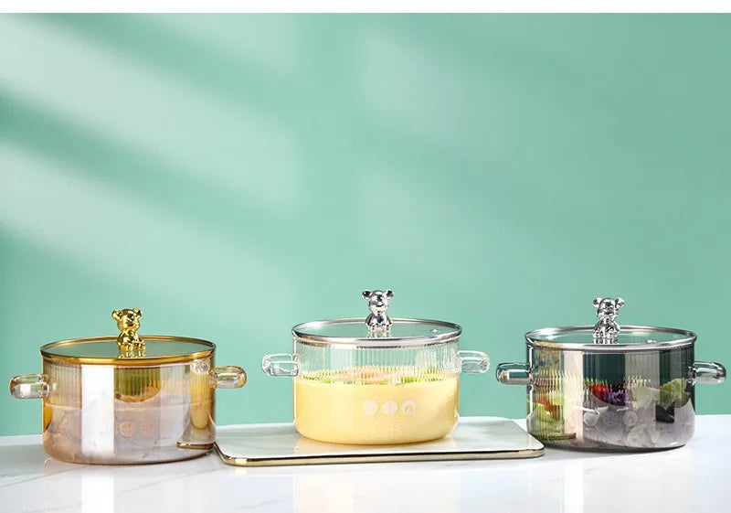 HighBorosilicateGlass Thickened PotHouseholdConvenient Bear Soup Pot with Lid Double Ear Soup Glass Pot Instant Noodles Milk Pot