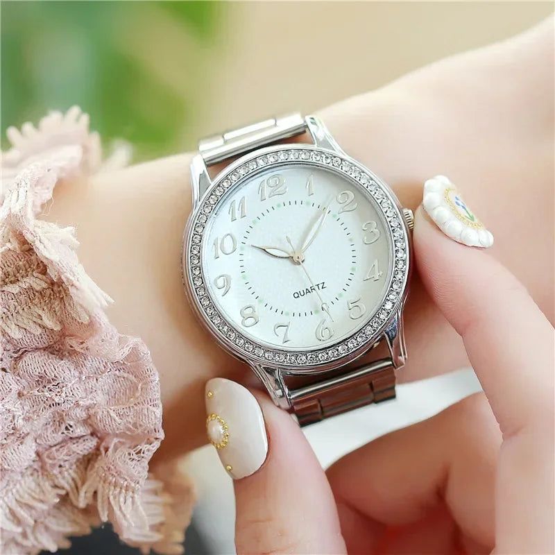 Luxury Brand Women Watch 2024 New Fashion Simple Rhinestone Steel Band Watch Ladies Big Dial Quartz Clock Bracelet Clock Reloj