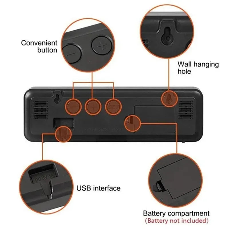 Led Wall Clock Large Screen Digital Mirror Adjustable Brightness Temp Humidity Date Display Alarm Clocks for Home Living Room