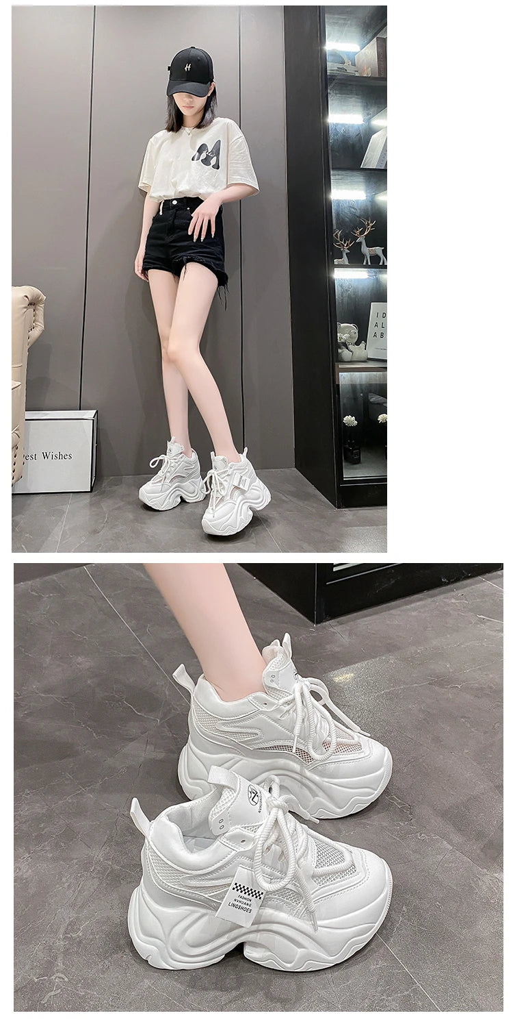 Women High Platform Sneakers New Summer 9.5CM Wedge Heels Thick Sole Leather Shoes Autumn Breathable Mesh Chunky Sneakers Woman