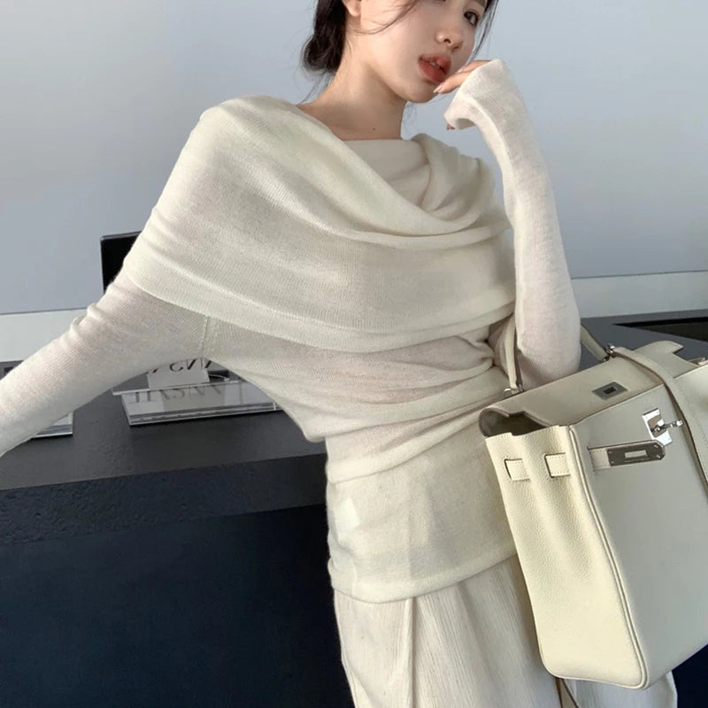 Elegant Fashion Off Shoulder Women Blouse New Pile Collar Knitted Shirt Ladies Office Casual Undershirt Gray Tops Mujer Blusas
